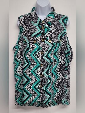 Miss Lili 2X Top Sleeveless Button Down Faux Pockets Vintage